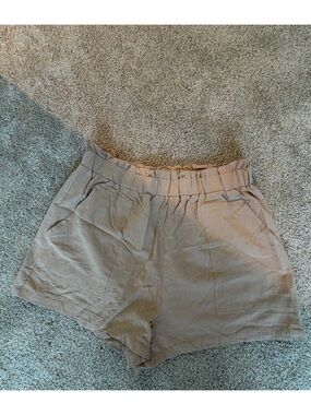 Tan Paperbag Waist Linen-Blend Shorts
